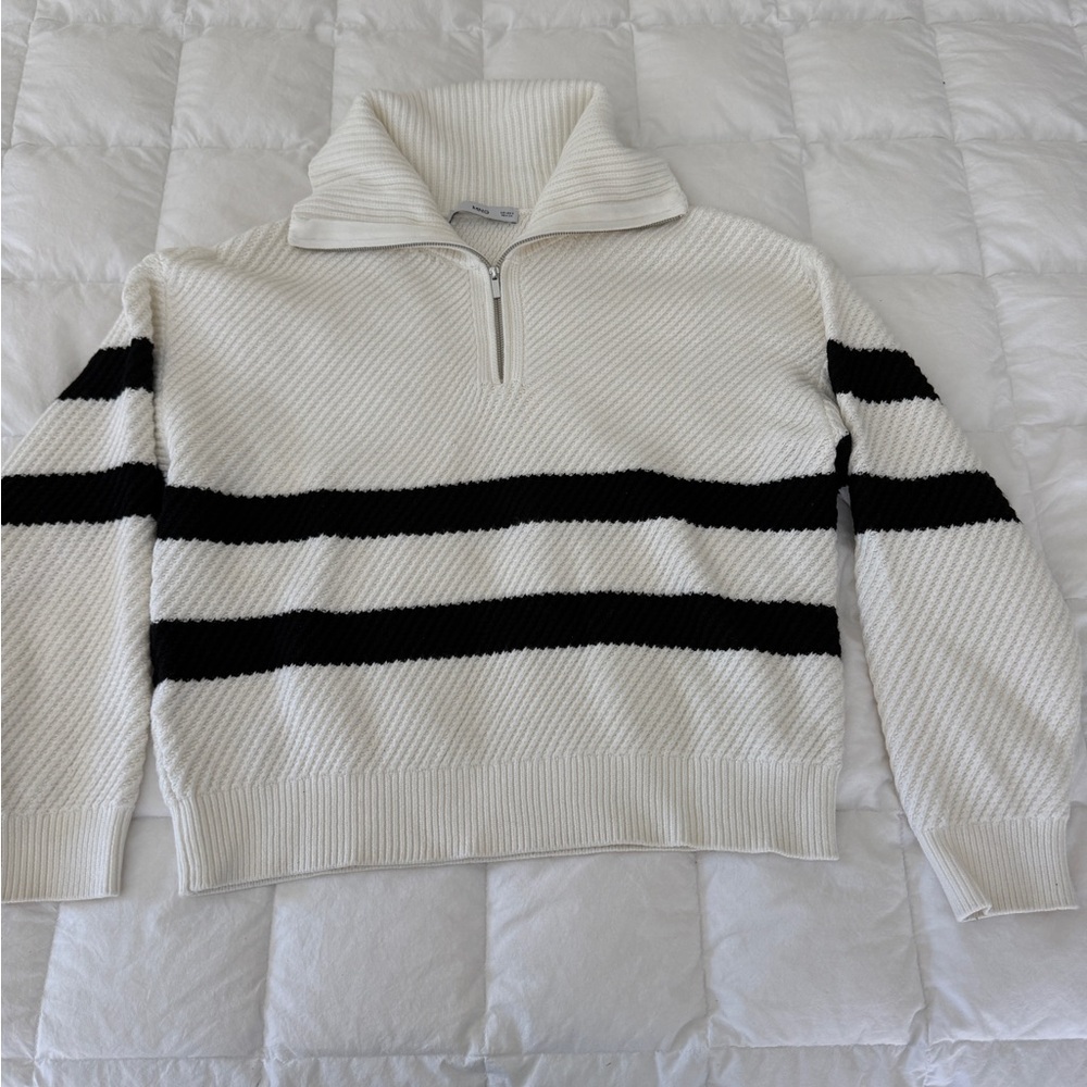 MANGO White and Black Striped Quarter Zip Sweater S